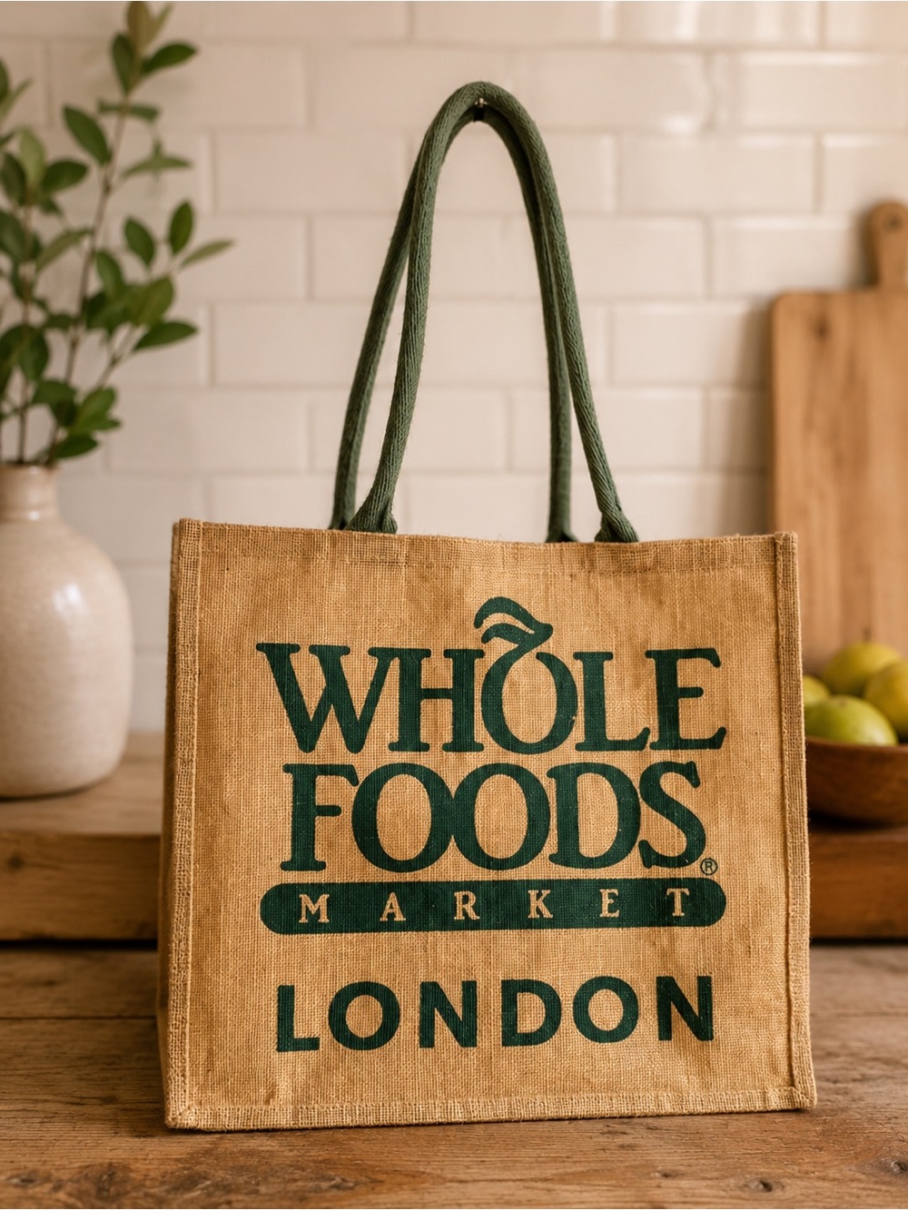 Whole Foods Market London Jute Tote Bag in Tan and Green